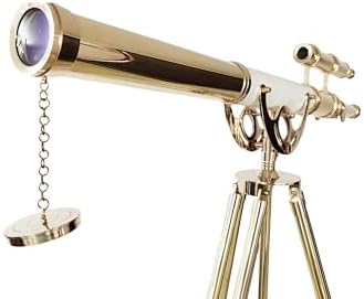 Double Barrel Shiny Brass Vintage Floor Telescope with Wooden Tripod