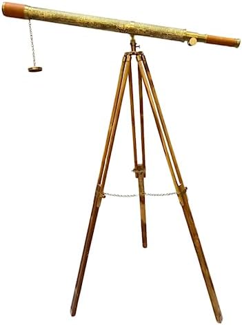 Nautical Vintage Solid Antique Brass Telescope with Leather Sheath and Wooden Tripod