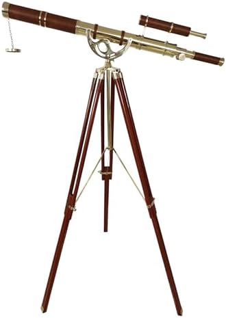Vintage Brass Double Barrel Marine Telescope Floor Standing Wooden Tripod Collectible Home Office Decor