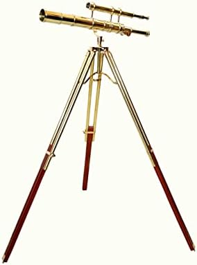 Vintage Shiny Brass Double Barrel Telescope with Wooden Stand