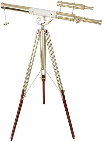 Double Barrel Shiny Brass Vintage Floor Telescope with Wooden Tripod