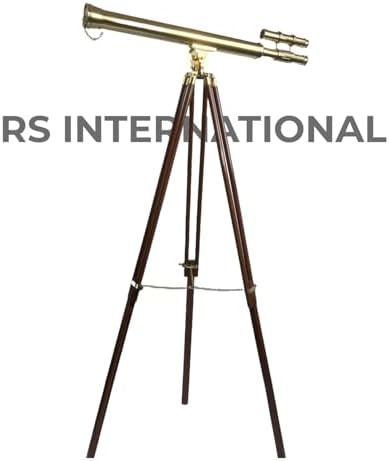 Double Barrel Telescope with Wooden Tripod Stand 32 Inch Brass 10X Magnification 42mm Lens