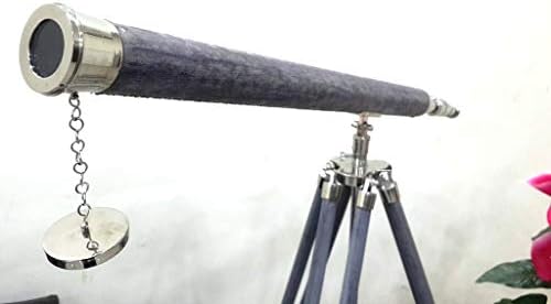 Nautical Brass Telescope with Grey Leather and Wooden Stand