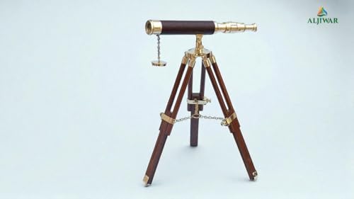 Vintage Brass Telescope with Leather Cover and Wooden Tripod Stand