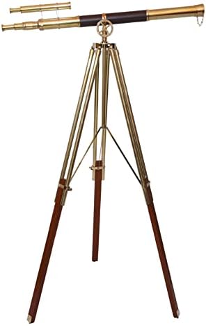 Royal Nautical Vintage Shiny Brass Double Barrel Telescope Floor Standing