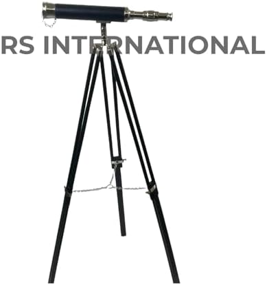 Navigators Charm 18 Inch Nickel And Leather Telescope With 10X Magnification On Wood Tripod Stand With Brass Fittings