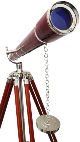 Vintage Nautical Brass Nickel Chrome Telescope with Brown Wooden Tripod