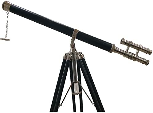 Vintage Chrome Telescope with Black Leather and Brass Scope on Adjustable Tripod Decorative Nautical Accent
