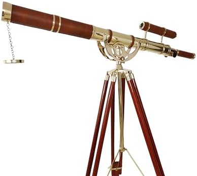 Vintage Brass Double Barrel Marine Telescope Floor Standing Wooden Tripod Collectible Home Office Decor
