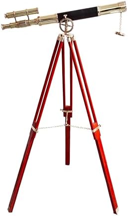 Navy Vintage Telescope with Brass Finish and Wooden Tripod