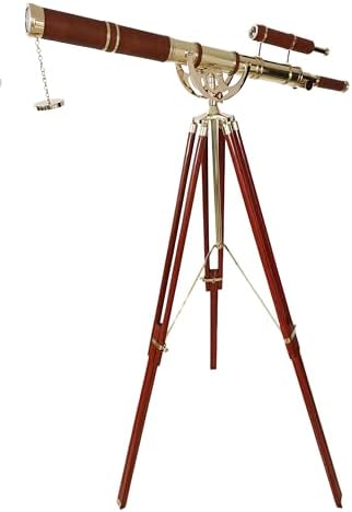 Vintage Brass Double Barrel Marine Telescope Floor Standing Wooden Tripod Collectible Home Office Decor