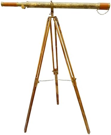 Nautical Vintage Solid Antique Brass Telescope with Leather Sheath and Wooden Tripod