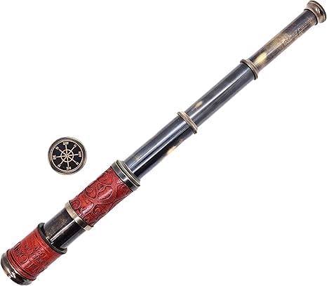 Vintage Brass Telescope with Red Leather Case and Wooden Box