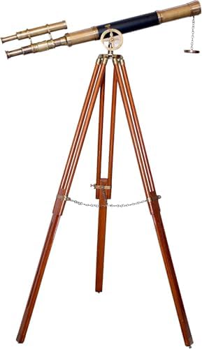 Vintage Marine Brass Telescope Double Barrel Floor Standing Wooden Tripod Decor