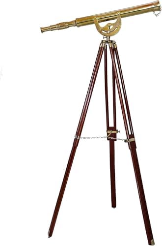 Handmade Shiny Brass Telescope Floor Standing Wooden Tripod Home Decor