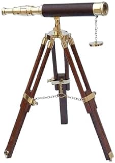 Vintage Brass Telescope with Leather Cover and Wooden Tripod Stand