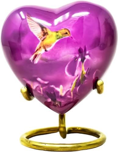 Purple Mini Heart Urn for Ashes with Hummingbird Print and Box Stand