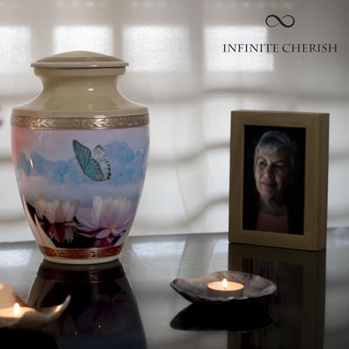 Women Butterfly Urn for Ashes 200 Cubic Inches Cream Metal Flower Design Velvet Bag Anti-Scratch Felt Bottom