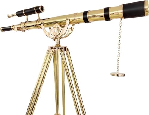 Royal Vintage Floor Standing Brass Telescope with Black Leather and Wooden Tripod
