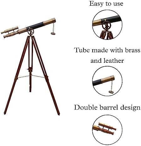Nautical Designer Brass Telescope with Black Leather Cover and Wooden Tripod