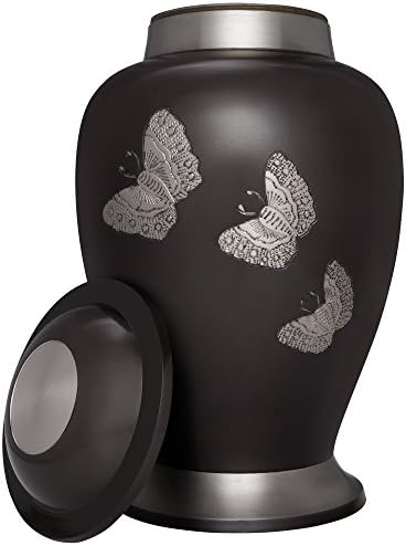 Black Brass Funeral Urn with Engraved Butterflies Papillon Model