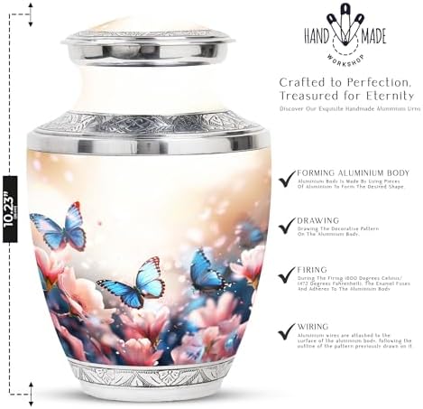 Butterflies in Blossoms Decorative Urns Set - 10 Inch Funeral Urn with 2 Mini Keepsake Urns