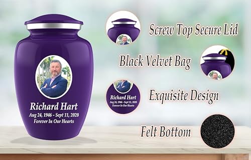Personalized Photo Cremation Urn for Adult Ashes - 200lbs Custom Burial Urn with Engraving and Velvet Bag Purple