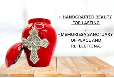 Red Cremation Urn for Ashes - 5 Decorative Aluminium Cross with Velvet Bag