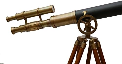 Nautical Designer Brass Telescope with Black Leather Cover and Wooden Tripod