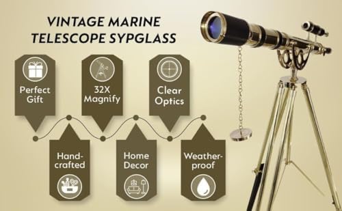 Royal Vintage Floor Standing Brass Telescope with Black Leather and Wooden Tripod