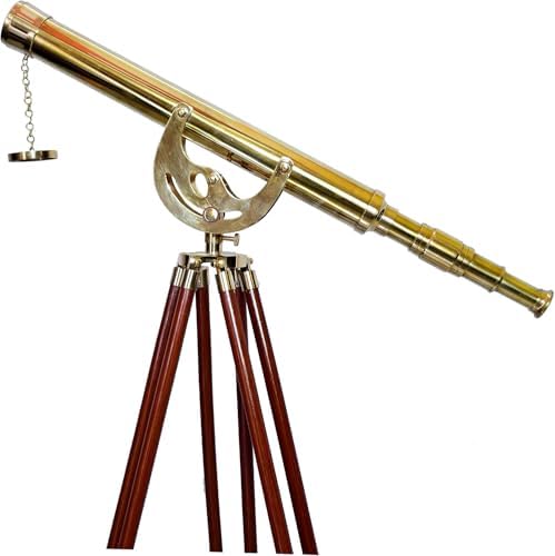 Handmade Shiny Brass Telescope Floor Standing Wooden Tripod Home Decor