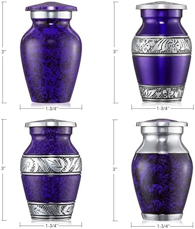 Reminded Miniature Cremation Urns Set of 4 Purple Silver with Velvet Case