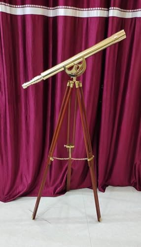 Handmade Shiny Brass Telescope Floor Standing Wooden Tripod Home Decor
