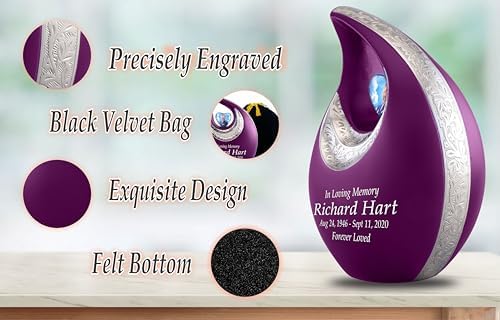 Personalized Purple Teardrop Cremation Urn for Adult Ashes - 156 Lbs Burial Urn with Velvet Bag