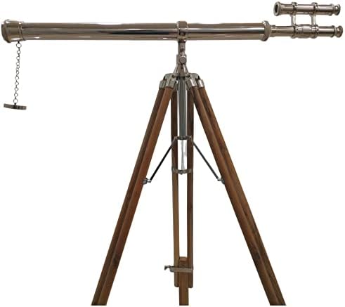 Vintage Maritime Double Barrel Telescope 64x Silver Brass with Wooden Tripod