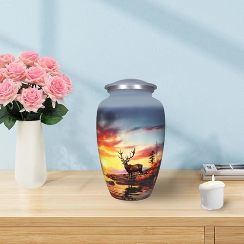 M MEILINXU Decorative Urn with Deer Design Forest and Grey Sky - Full Size