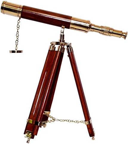 Nautical Antique Brass Telescope with Wooden Tripod