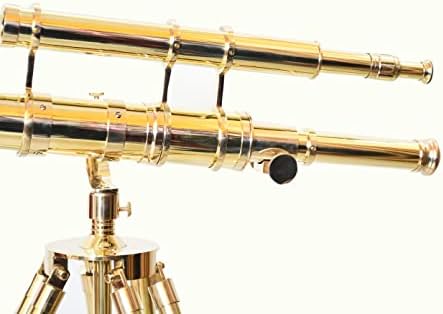 Vintage Shiny Brass Double Barrel Telescope with Wooden Stand