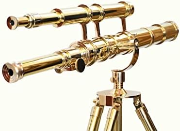 Vintage Shiny Brass Double Barrel Telescope with Wooden Stand