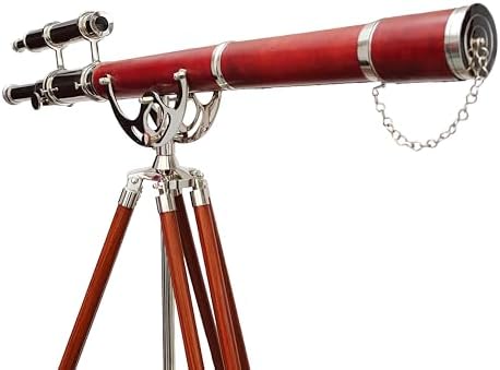 Nautical Vintage Double Barrel Telescope with Brass Mount and Brown Wooden Tripod
