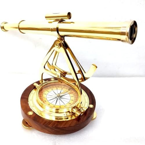 Decorative Brass Telescope with Compass and Wooden Base
