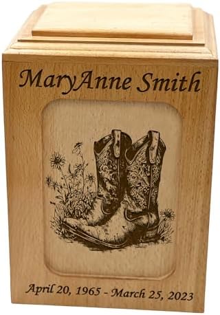 Personalized Cowboy Boots Wooden Urn for Ashes