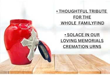 Red Cremation Urn for Ashes - 5 Decorative Aluminium Cross with Velvet Bag