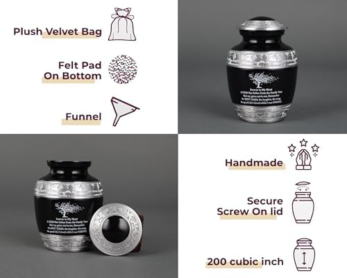 Elegant Black Cremation Urn for Human Ashes - Medium Size