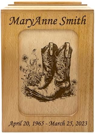 Personalized Cowboy Boots Wooden Urn for Ashes