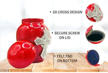 Red Cremation Urn for Ashes - 5 Decorative Aluminium Cross with Velvet Bag