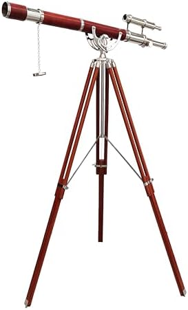 Nautical Vintage Double Barrel Telescope with Brass Mount and Brown Wooden Tripod