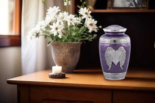 Angel Wings Urn with Heart - Elegant Purple Enamel