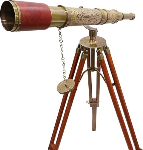 Nautical Handmade Telescope with Brown Leather and Wooden Tripod