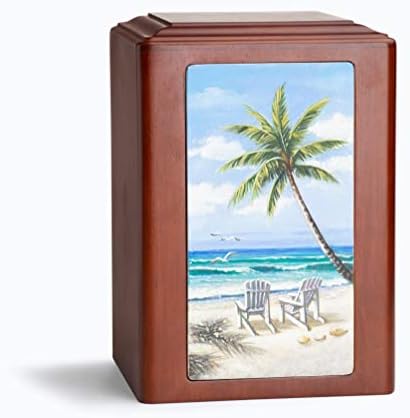 Wooden Memorial Urn with Hand Painted Magnet Picture - Beach Design